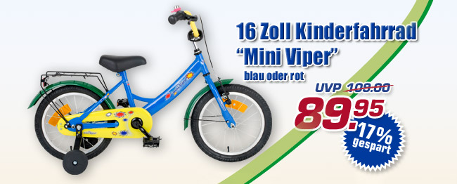 16 Zoll Kinderfahrrad "Mini Viper", blau oder rot - statt 109.- (UVP) jetzt nur 89.95