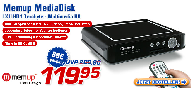 Memup MediaDisk LX II HD 1 Terabyte - Multimedia-Festplatte &ndash; statt UVP 209.90 jetzt nur 119.95