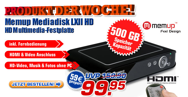 Memup Mediadisk LX II HD 500 GB - statt 159.90 UVP jetzt nur 99.95 Euro!