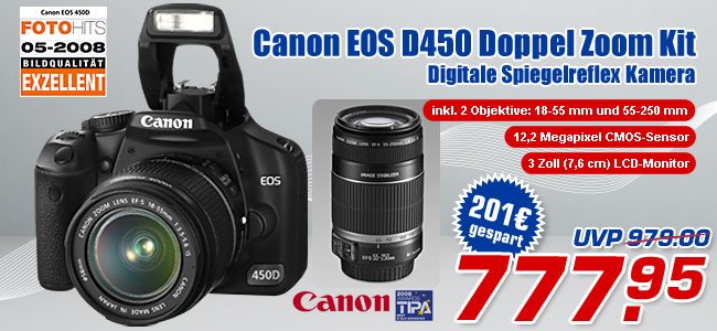 Canon EOS 450D Spiegelreflexkamera mit Doppel Zoom Kit - statt 979.- (UVP) jetzt 777.95