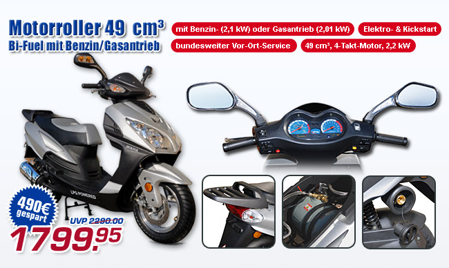 Motorroller 49 cm3 Bi-Fuel 50 mit Benzin/Gasantrieb - statt 2290.- (UVP) jetzt nur 1799.95