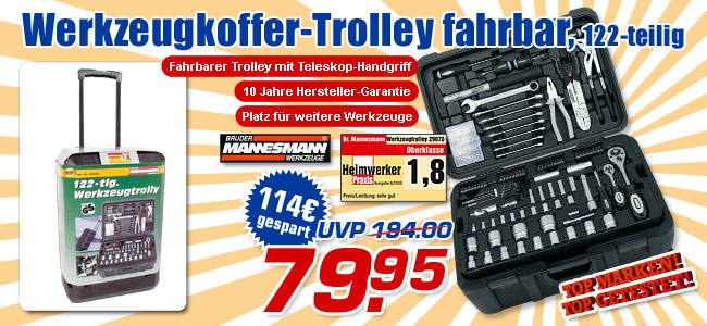 Br&uuml;der Mannesmann Werkzeugkoffer-Trolley fahrbar, 122-teilig &ndash; statt UVP 194.- jetzt nur 79.95