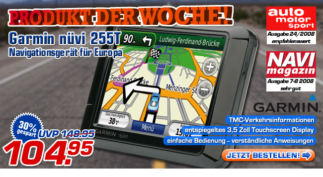 Navigationsger&auml;t Garmin n&uuml;vi&reg; 255T &ndash; statt UVP 149.95 jetzt nur 104.95 Euro