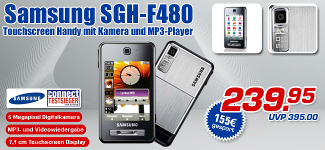 Samsung SGH-F480 - Touchscreen Handy mit Kamera und MP3-Player - statt UVP 359.00 jetzt nur 239.95